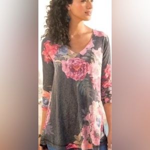 🌸Soft Surroundings Midnight Blooms Long Sleeve V-neck A-Line Tunic Top Sz M